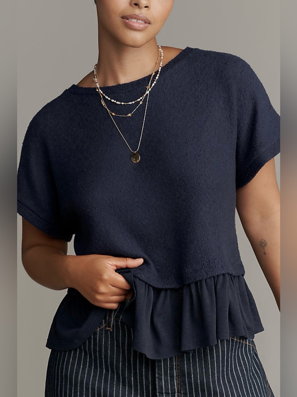 Anthropologie Pilcro Textured Navy Ruffle-Hem Women's Top XS